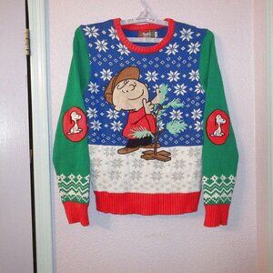 Spencer’s Peanuts Light Up Ugly Christmas Sweater Size M Snoopy Elbow Patches EC